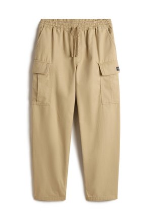Beige Cargo-Hosen mit elastischem Bund und Kordelzug. Mit zwei seitlichen Taschen und zwei großen Cargo-Taschen auf den Oberschenkeln. Glatter Stoff.
