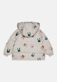 Kerged jakke heled beež värviga, millel on rohelise, pruuni ja roosa värvi korduv jänese print. Omab kapuutsi ja soonikkoes käiseid soojuse tagamiseks.