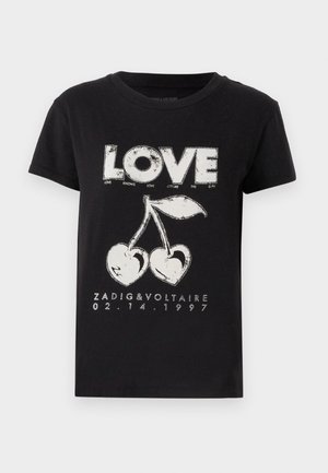 Black cotton t-shirt featuring a white graphic print of the word "LOVE" and two cherries with a heart shape, along with brand text and date.