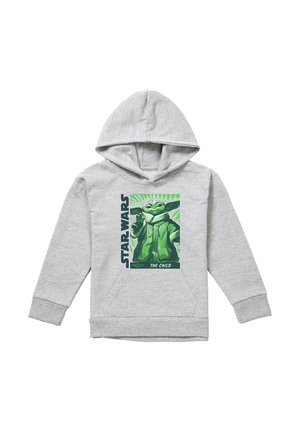 Light gray hoodie with a green graphic of Baby Yoda from Star Wars titled "The Child" and vertical "STAR WARS" text on the front.