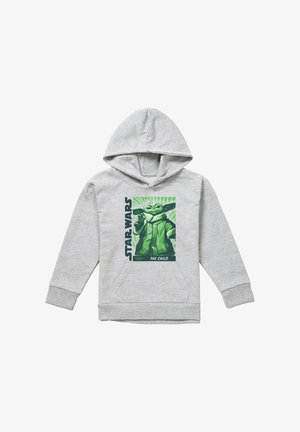 Hellgrauer Hoodie mit einem grünen Bild von Baby Yoda aus Star Wars mit dem Titel "The Child" und vertikalem "STAR WARS"-Schriftzug auf der Vorderseite.