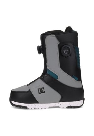 Hoher Snowboardstiefel in Grau, Schwarz und Türkis mit Boa-Drehverschluss und gesprenkelter weißer Sohle, geprägt mit dem DC-Logo.