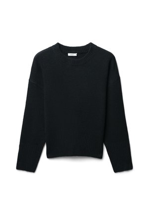 Maglione nero lavorato a maglia con collo rotondo, spalle cadenti e polsini a costine. Texture morbida con silhouette corta.