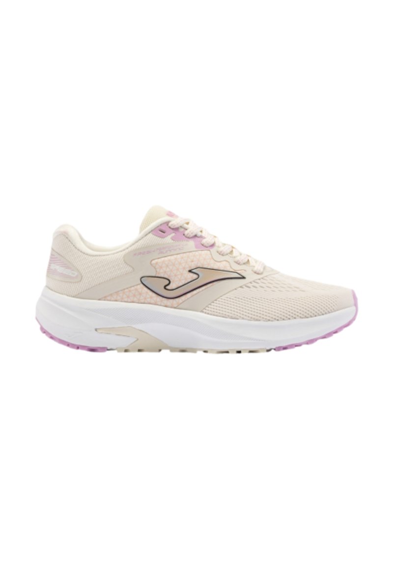 Zapatilla deportiva de color beige claro con parte superior de malla, acentos en rosa y media suela blanca. Presenta un logo en el lateral y un diseño con patrones en la parte superior.