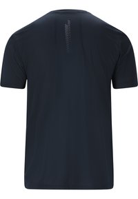 Marineblå kortærmet trænings T-shirt med en glat tekstur, der har en lodret stribet detalje på den øverste ryg og en klassisk rund hals.