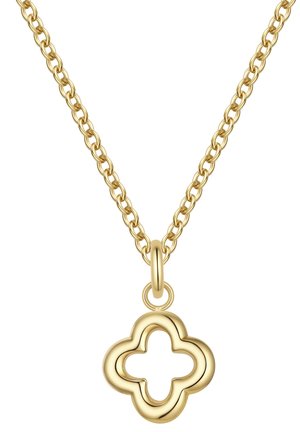 Gouden ketting met een gepolijste hanger in de vorm van een klaverblad, met een open midden en afgeronde randen.
