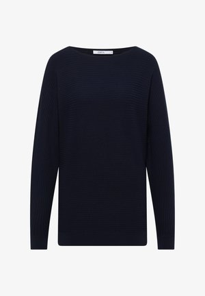 Sukienka w kolorze granatowym z prążkowanej dzianiny, z dekoltem w łódkę, długimi rękawami i prostym dołem. Wykonana z teksturowanego materiału o miękkim wykończeniu.