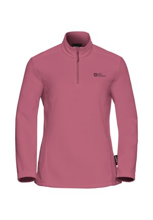 Pull en polaire rose avec un demi-zip, des manches longues et un logo sur la poitrine. Texture douce et design légèrement ajusté.