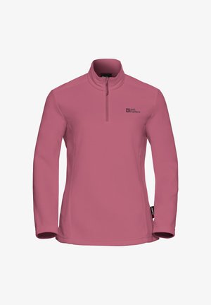 Roze fleece trui met een halve rits, lange mouwen en een logo op de borst. Zachte textuur en een licht getailleerd ontwerp.