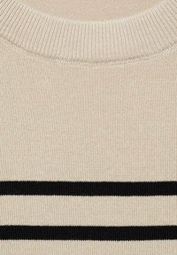 Beige knit sweater with ribbed collar. Features two horizontal black stripes across the center. Soft texture and stretchy material.