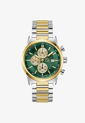 Ceas cronograf cu cadran texturat verde, brățară metalică aurie și argintie, trei subcadrane și afișaj pentru dată la ora 3.