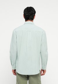 Hellgrünes Hemd mit Knopfverschluss und weißen sowie blauen vertikalen Streifen. Verfügt über lange Ärmel und einen Rückenfalten. Baumwollstoff mit einer glatten Textur.