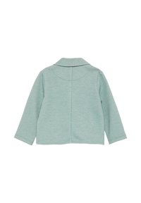 Hellgrüne Jacke mit langen Ärmeln, Kragen, strukturiertem Stoff und einer nahtlosen Rückseite, die ein sauberes, minimalistisches Design aufweist.
