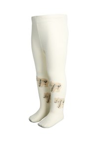 Weiße knielange Strumpfhosen mit einer weichen Textur, die ein sich wiederholendes Muster aus beigen und schwarzen Tiersilhouetten an den Unterschenkeln aufweisen.