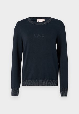 Maglione blu navy con maniche lunghe, polsini e orlo a coste, arricchito con un filo lucido. Presenta un logo testurizzato sul davanti.