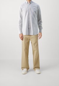 Camicia a maniche lunghe a righe in azzurro chiaro, bianco e rosso, abbinata a pantaloni larghi color khaki e sneakers bianche.