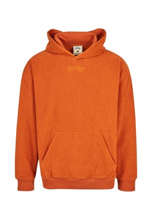 Orange fleece hoodie med en frontlomme, ribbede mansjetter og kant, med broderet logo på brystet. Blød tekstur og afslappet pasform.