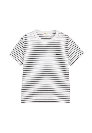 Gestreept kortarmig T-shirt in wit en zwart met een ronde halslijn. Heeft een klein zwart logo op de linkerborst. Zachte stof.