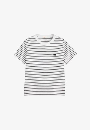 Gestreept kortarmig T-shirt in wit en zwart met een ronde halslijn. Heeft een klein zwart logo op de linkerborst. Zachte stof.