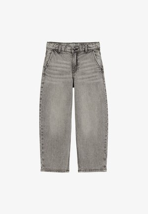 Jeans en denim gris à jambes larges avec une finition délavée, cinq poches et des détails de couture subtils. Comprend une fermeture à bouton et à glissière à l'avant.