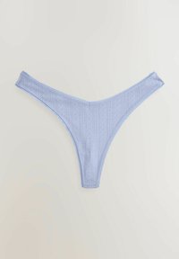 Light blue thong made of soft fabric, featuring vertical textured patterns and a lace trim along the waistband, designed for minimal coverage.