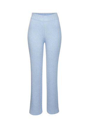 Light blue ribbed pants with a fitted waistband and flared bottom. Made from a soft material with a textured surface throughout.