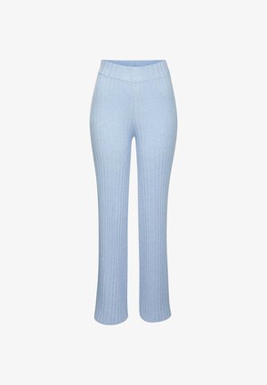 Helle blaue gerippte Hose mit einem enganliegenden Bund und ausgestelltem Bein. Hergestellt aus einem weichen Material mit einer strukturierten Oberfläche.