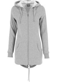 Hoodie zippé gris en mélange de coton, avec une doublure intérieure blanche, des cordons de serrage et deux poches avant. Manches longues avec des poignets côtelés.