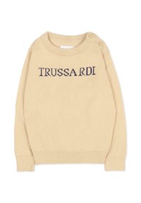 Un pull crème avec un col rond, des poignets côtelés et des accents de boutons. Le logo "TRUSSARDI" est affiché en broderie bleu marine.
