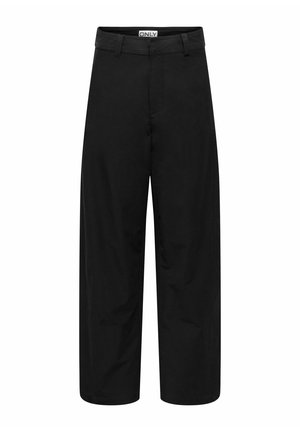 Pantalon noir à jambes larges avec passants de ceinture et fermeture éclair à l'avant, étiqueté avec la marque "ONLY" à la taille.