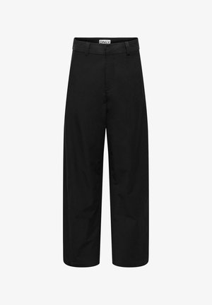 Pantalon noir à jambes larges avec passants de ceinture et fermeture éclair à l'avant, étiqueté avec la marque "ONLY" à la taille.