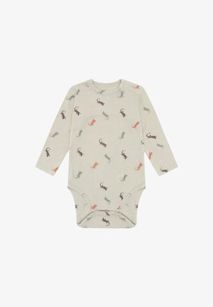 Langärmliger Baby-Body in Cremefarbe mit Druckknöpfen an Schulter und Schritt, verziert mit kleinen Eidechsendrucken in Orange, Braun und Grau.