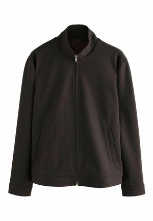 Dark grey zip-up jacket with a high collar, two side pockets, ribbed cuffs, and a smooth textured fabric. Clean design with minimal detailing.