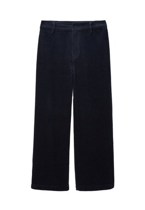 Pantalons en velours côtelé bleu marine à jambes larges avec une finition texturée, dotés d'une fermeture à bouton sur le devant et de poches, adaptés pour un usage décontracté.