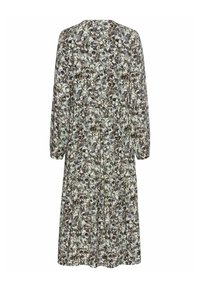 Langärmliges Kleid mit floralem Muster in sanften Grün-, Beige- und Brauntönen. Fließender Stoff mit gestuftem Design und dezenten Raffungen an der Taille.