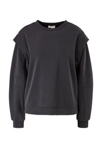 Sudadera negra hecha de un tejido suave y liso. Presenta un cuello redondo, hombros caídos y costuras decorativas en las mangas.