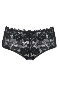 Panty hipster in pizzo nero con motivo floreale, bordi scallopati e un piccolo bottone decorativo al centro anteriore.