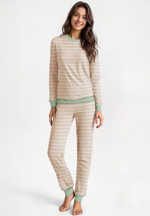 Set da loungewear a righe in beige con accenti verdi. Il top a maniche lunghe e i pantaloni abbinati presentano un tessuto morbido e polsini a coste.