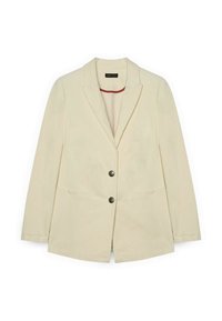 Blazer crema con revers a scollo, due tasche frontali e due bottoni neri opachi. Presenta un rivestimento interno rosso a contrasto.