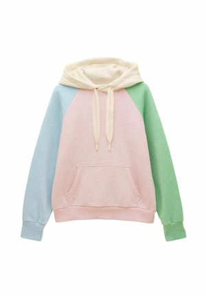 Pastellfarbener Hoodie mit kremfarbenem Kapuzenfutter und Kordeln, pinkem Körper, hellblauem linken Ärmel und hellgrünem rechten Ärmel, mit einer Vordertasche.