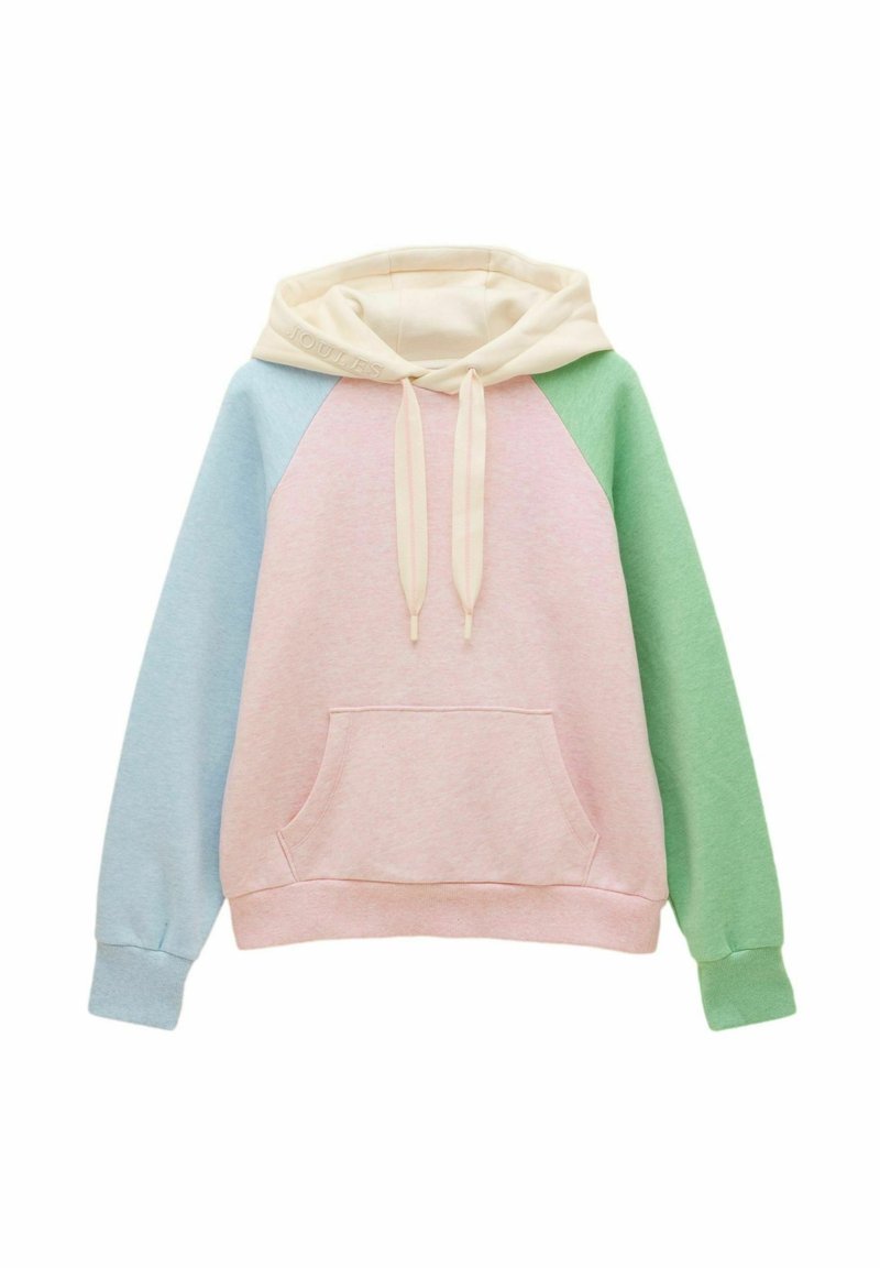 Sweat à capuche pastel avec capuche et cordons crème, corps rose, manche gauche bleu clair et manche droite vert clair, avec une poche kangourou frontale.