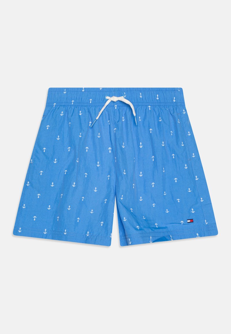Shorts de bain bleus avec un motif d'ancre blanche, taille élastique, cordon de serrage ajustable et poche latérale. Fabriqués en tissu léger.