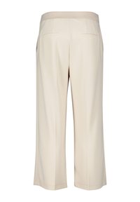Pantalons beige à jambes larges avec une texture lisse, dotés d'une taille côtelée et de deux poches arrière. Arrivent juste au-dessus de la cheville.