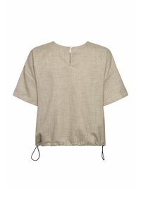 Bluză bej cu mâneci scurte, din țesătură texturată, cu decolteu rotund, decupaj în spate cu închidere cu nasture și tiv cu șnur ajustabil.