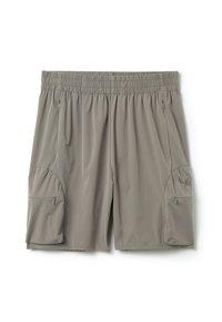Grijze shorts van lichtgewicht stof met een elastische tailleband, voorzien van twee zijzakken en één met rits afsluitbare cargozak.