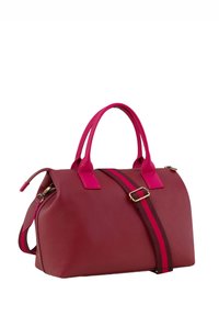 Red leather handbag with a pebbled texture, pink accents, double handle, and an adjustable strap featuring a burgundy stripe.