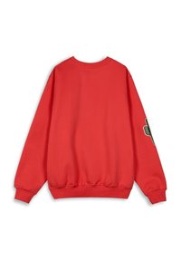 Rode sweatshirt met lange mouwen, ronde hals, ribbelmanchetten en onderrand, voorzien van een grafisch ontwerp op de linker mouw. Gladde stofstructuur.