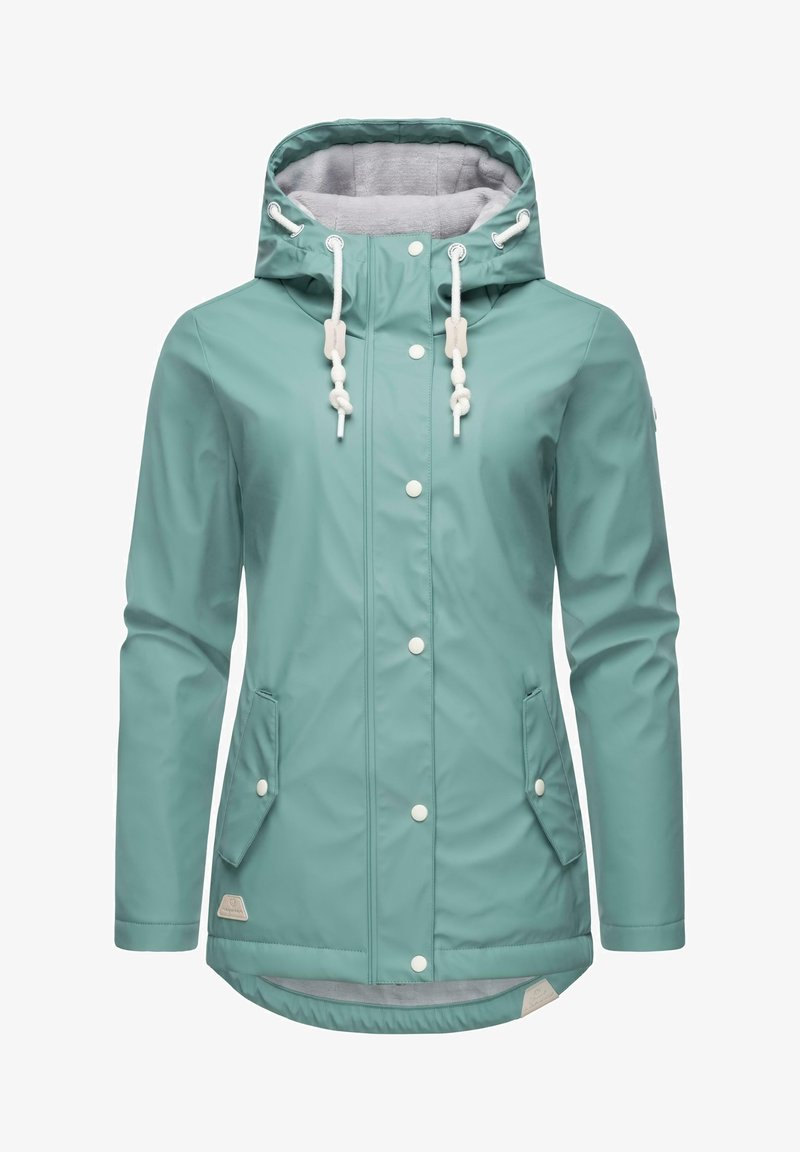 Turchinfarbene wasserdichte Jacke mit einer grauen mit Fleece gefütterten Kapuze, verstellbaren Kordeln, Druckknöpfen und zwei Fronttaschen. Glatte Textur.