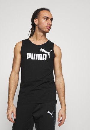 Camiseta sin mangas de algodón negra con un gran logo blanco de "PUMA" y una gráfica de un puma saltando. Detalle de tela texturizada en el cuello.