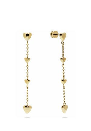 Gouden druppel oorbellen met vier verbonden hartvormige hangers die door kleine schakels aan elkaar zijn verbonden, met een steker als sluiting op elke oorbel.